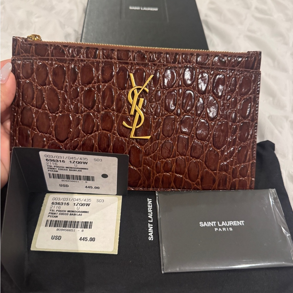 Saint Laurent Dark Brown Croc Embossed Clutch